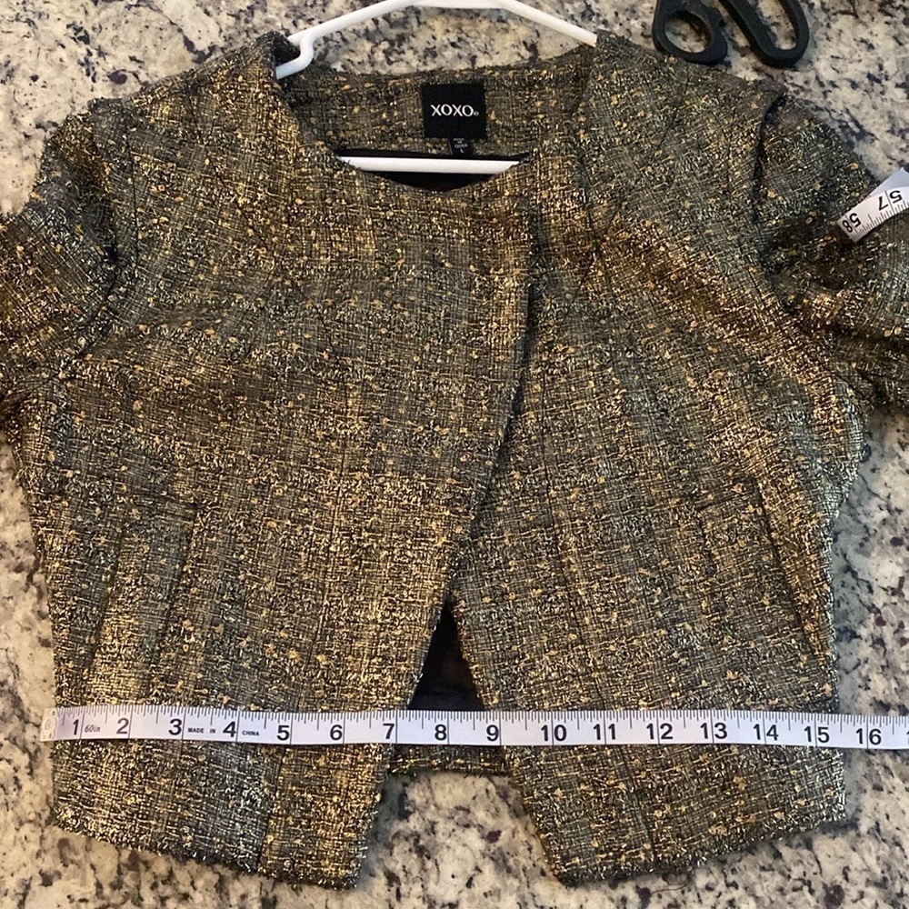 Xoxo metallic gold black tweed crop blazer Large L - Picture 10 of 13